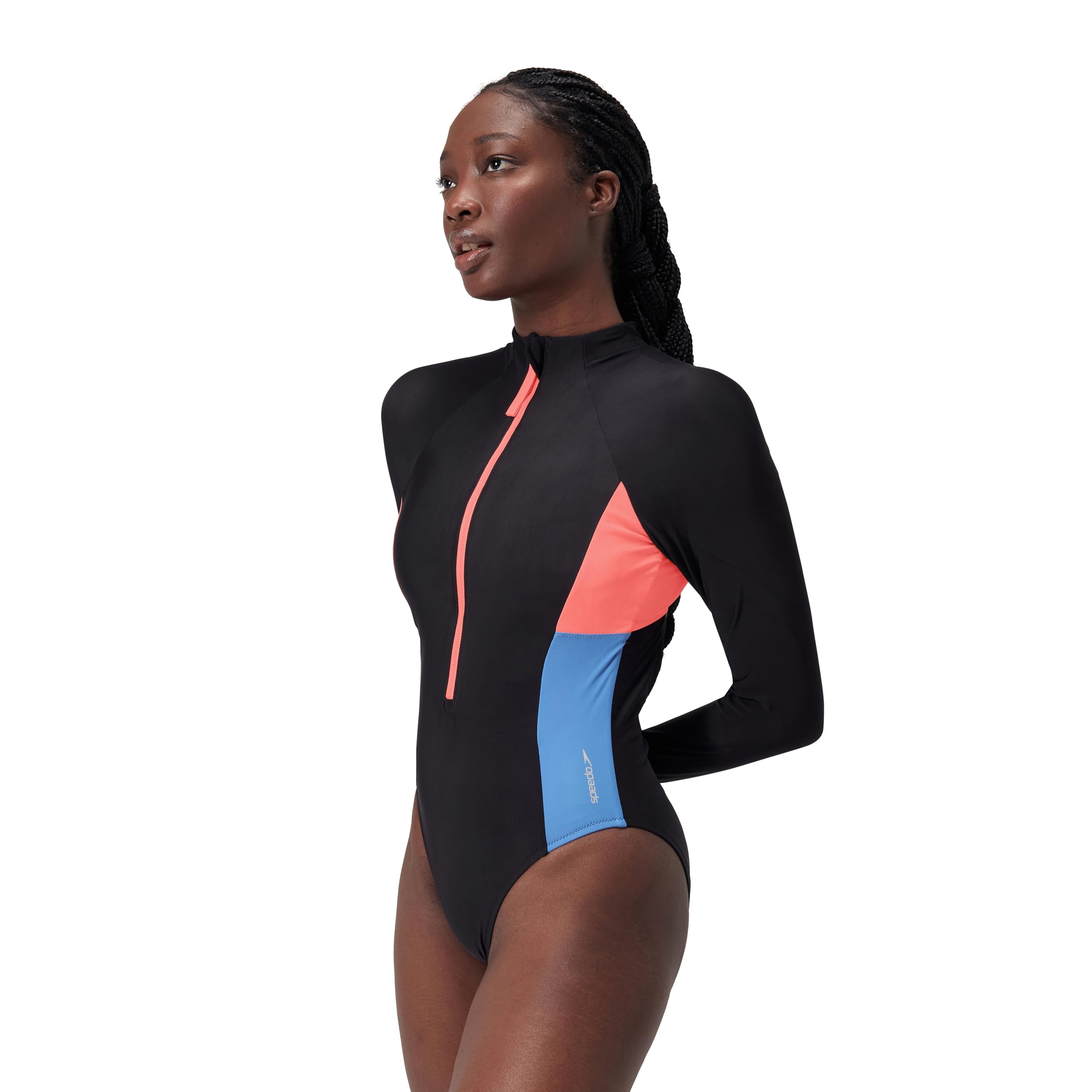 Speedo Womens Long Sleeve Zip Colorblock One Piece Swim Suit